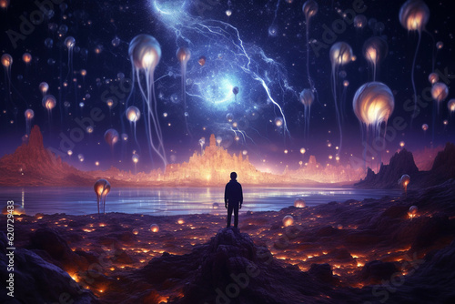 Person standing in abstract space sky landscape