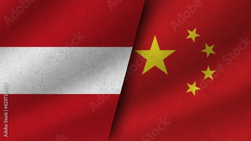 China and Austria Realistic Two Flags Together, 3D Illustration