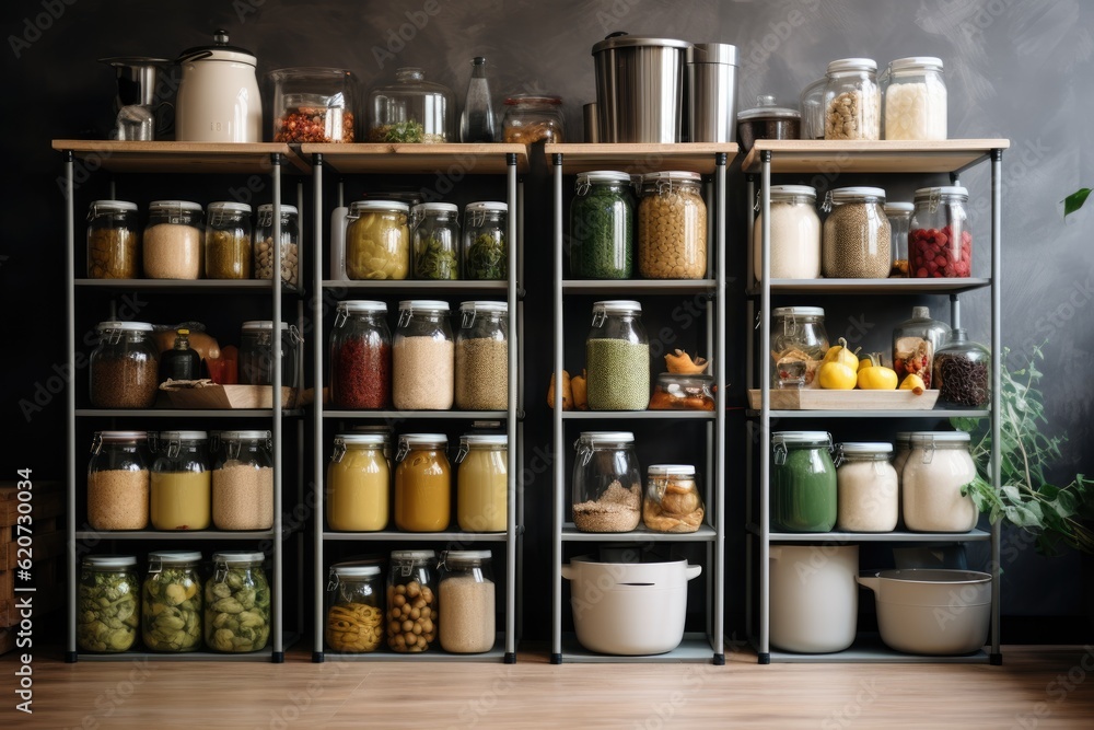 kitchen with an organized and stylish pantry with glass jerry cans and metal containers. ai generative