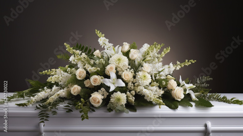 Funeral ceremony. coffin and flowers. generative AI