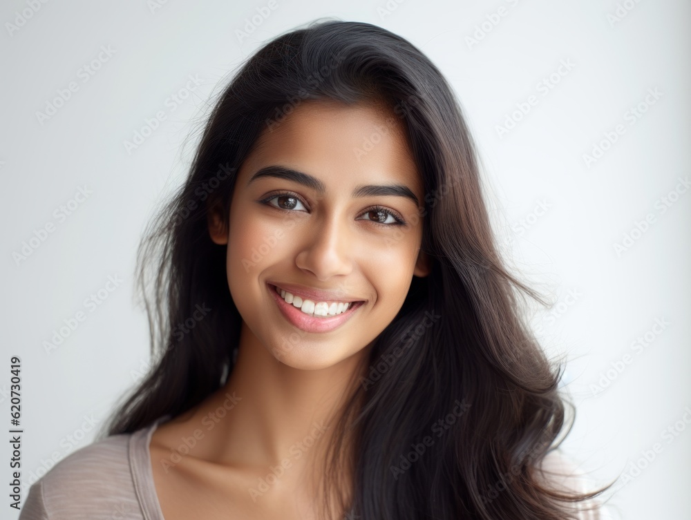 a closeup photo portrait of a beautiful young asian indian model woman smiling with clean teeth. used for a dental ad. isolated on white background. Generative AI a closeup photo portrait of a beautiful young asian indian model woman smiling with clean teeth. used for a dental ad. isolated on white background. Generative AI