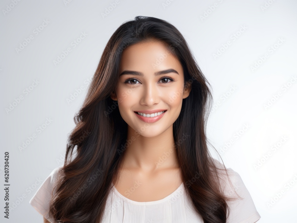 a closeup photo portrait of a beautiful young asian indian model woman smiling with clean teeth. used for a dental ad. isolated on white background. Generative AI - obrazy, fototapety, plakaty 