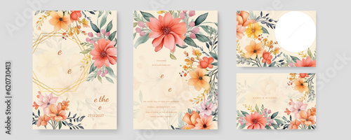 Watercolor vector set of wedding invitation card templates.