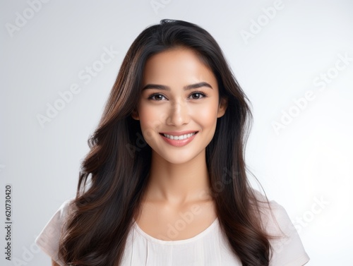 a closeup photo portrait of a beautiful young asian indian model woman smiling with clean teeth. used for a dental ad. isolated on white background. Generative AI photo