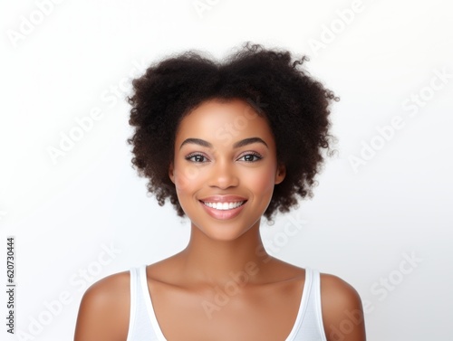 a closeup photo portrait of a beautiful young black afro american model woman smiling with clean teeth. used for a dental ad. isolated on white background. Generative AI