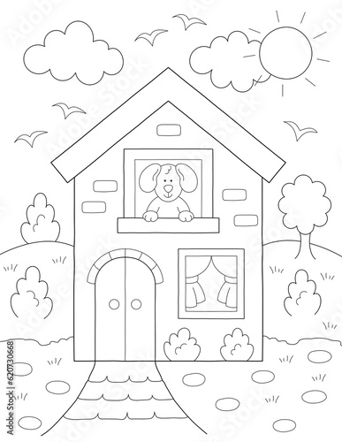 cute design of a coloring page with a house, a puppy and more shapes. you can print it on 8.5x11 inch paper