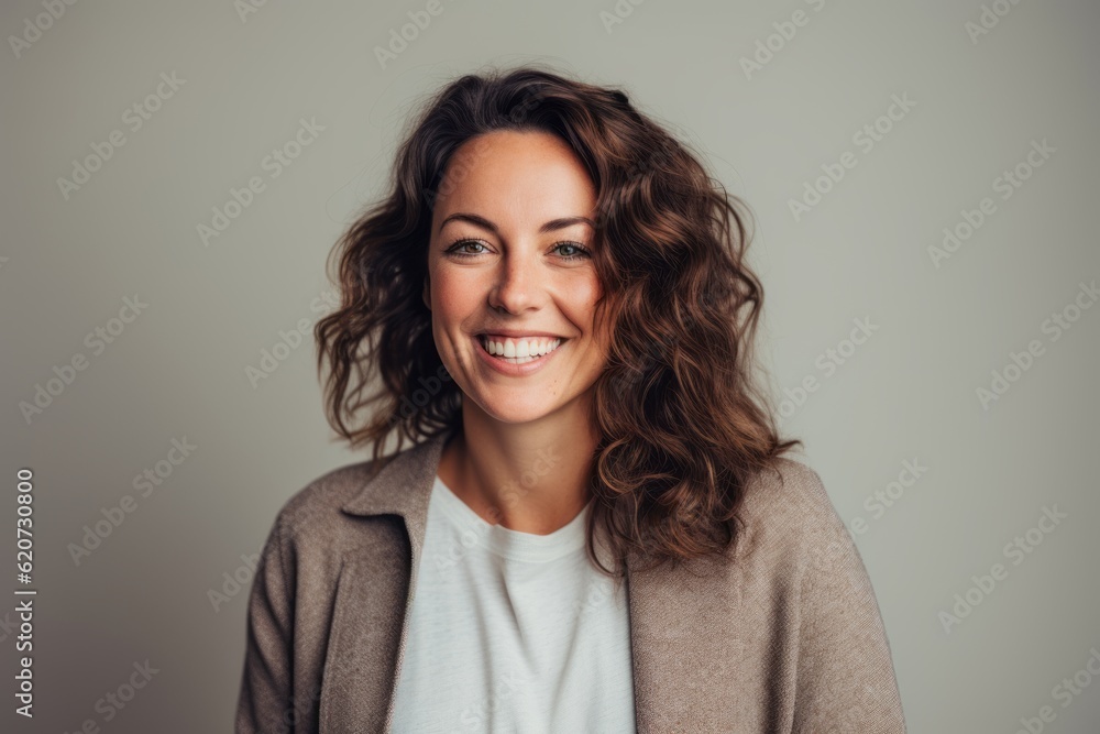 Portrait of a beautiful young woman with curly hair smiling at camera isolated on a gray background Portrait of a beautiful young woman with curly hair smiling at camera isolated on a gray background