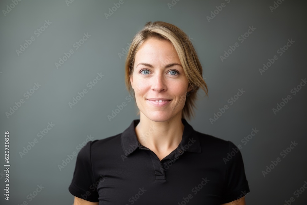 Close-up portrait photography of a satisfied woman in her 30s wearing a sporty polo shirt against a minimalist or empty room background Close-up portrait photography of a satisfied woman in her 30s wearing a sporty polo shirt against a minimalist or empty room background