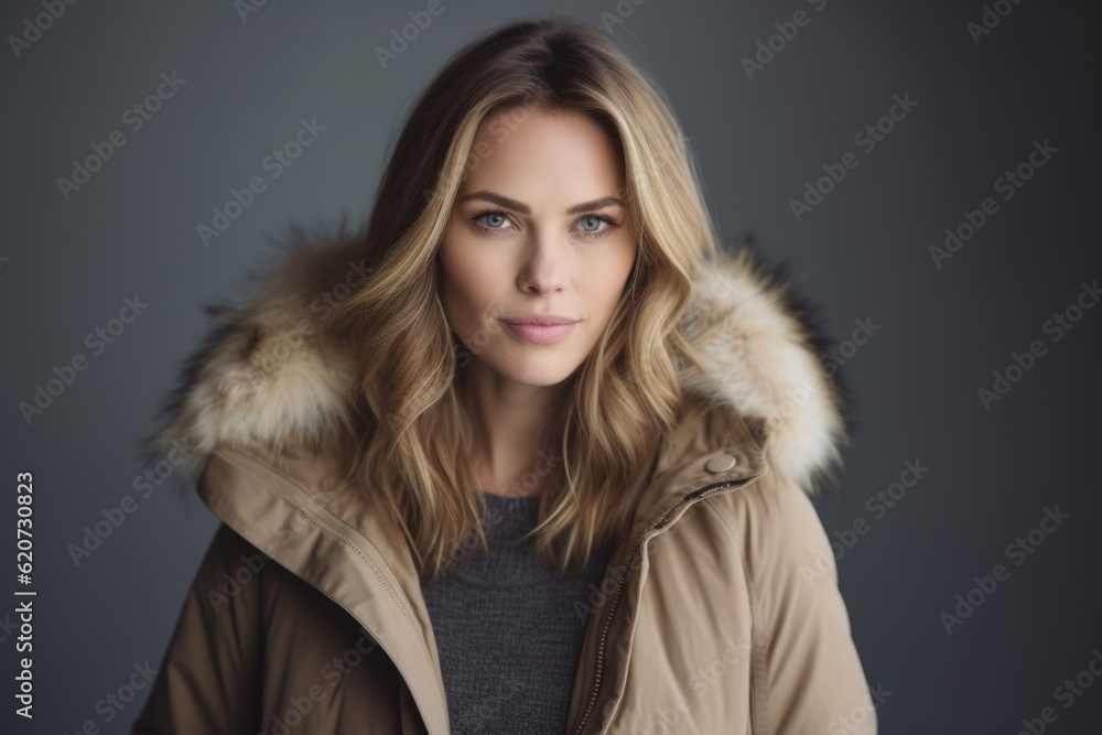 Portrait of a beautiful young woman in a brown coat on a gray background Portrait of a beautiful young woman in a brown coat on a gray background