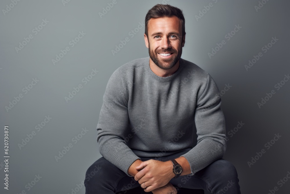 Portrait of a handsome young man in sweater sitting on gray background Portrait of a handsome young man in sweater sitting on gray background