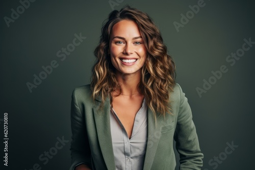 Portrait of a smiling businesswoman standing with arms crossed against grey background