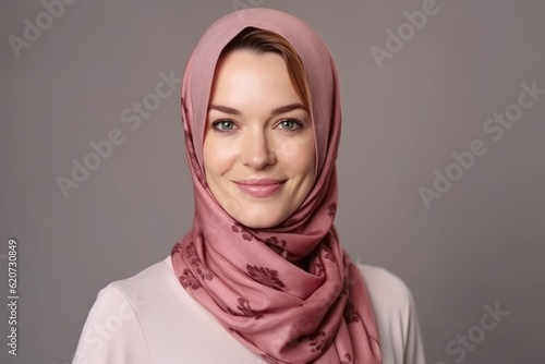 Portrait of a beautiful young muslim woman wearing a pink hijab