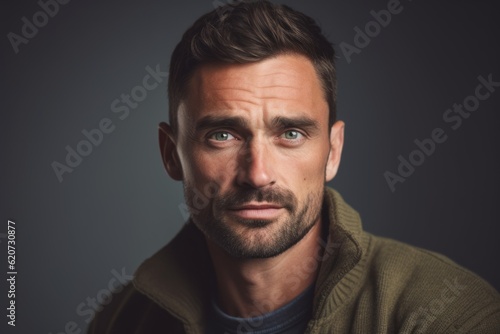Portrait of a handsome man on grey background. Men's beauty, fashion.