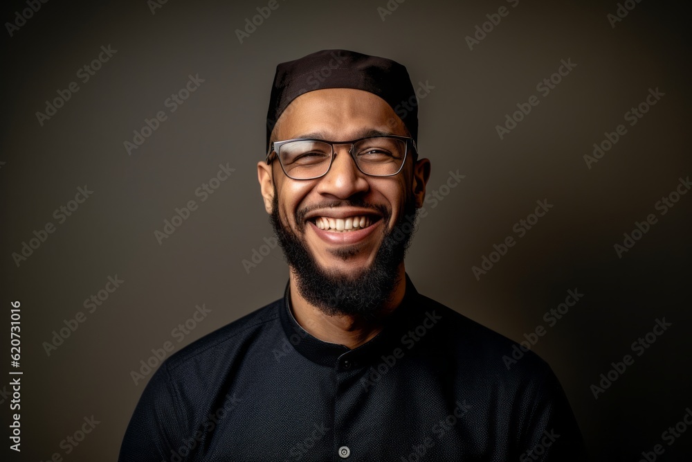 Portrait of a smiling young man with glasses and a bandana on his head. Portrait of a smiling young man with glasses and a bandana on his head.