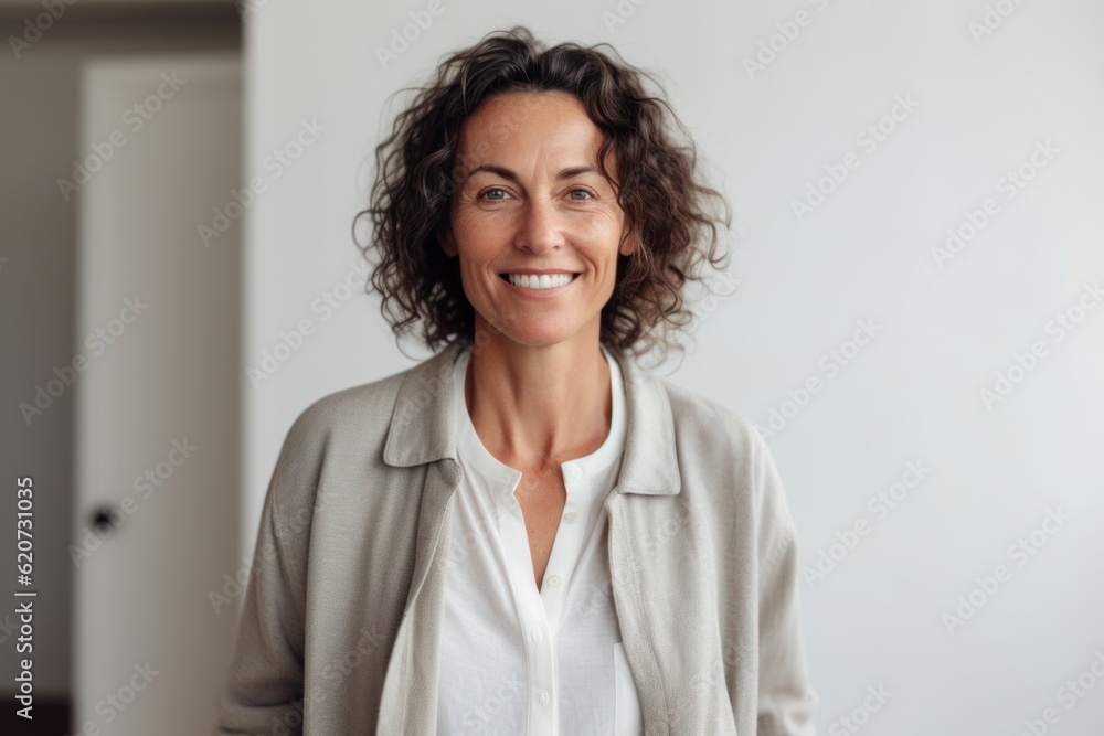 Portrait of smiling mature businesswoman standing against white wall at office
