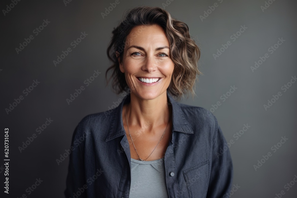 Portrait of a beautiful middle aged woman smiling at the camera on gray background Portrait of a beautiful middle aged woman smiling at the camera on gray background