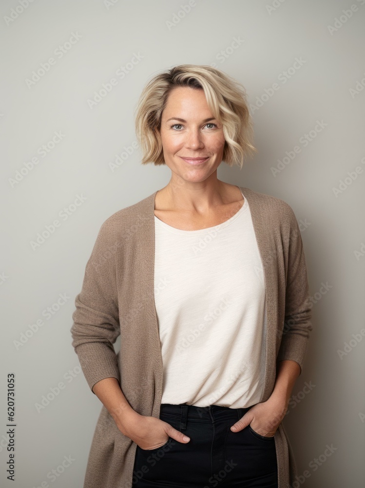 Portrait of a beautiful middle aged woman with short blonde hair, wearing a brown sweater and black pants, smiling at the camera.