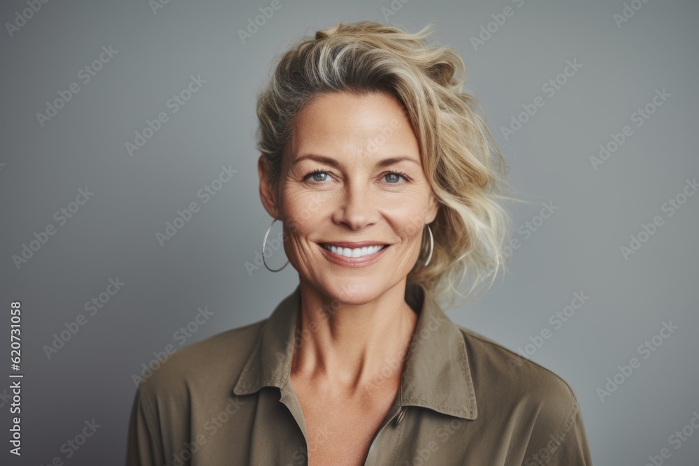 Portrait of a beautiful middle-aged woman with short wavy blond hair smiling at the camera