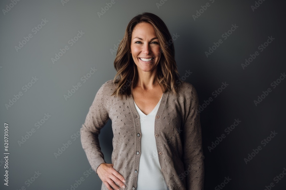 Portrait of a smiling pregnant woman standing against gray background and looking at camera Portrait of a smiling pregnant woman standing against gray background and looking at camera