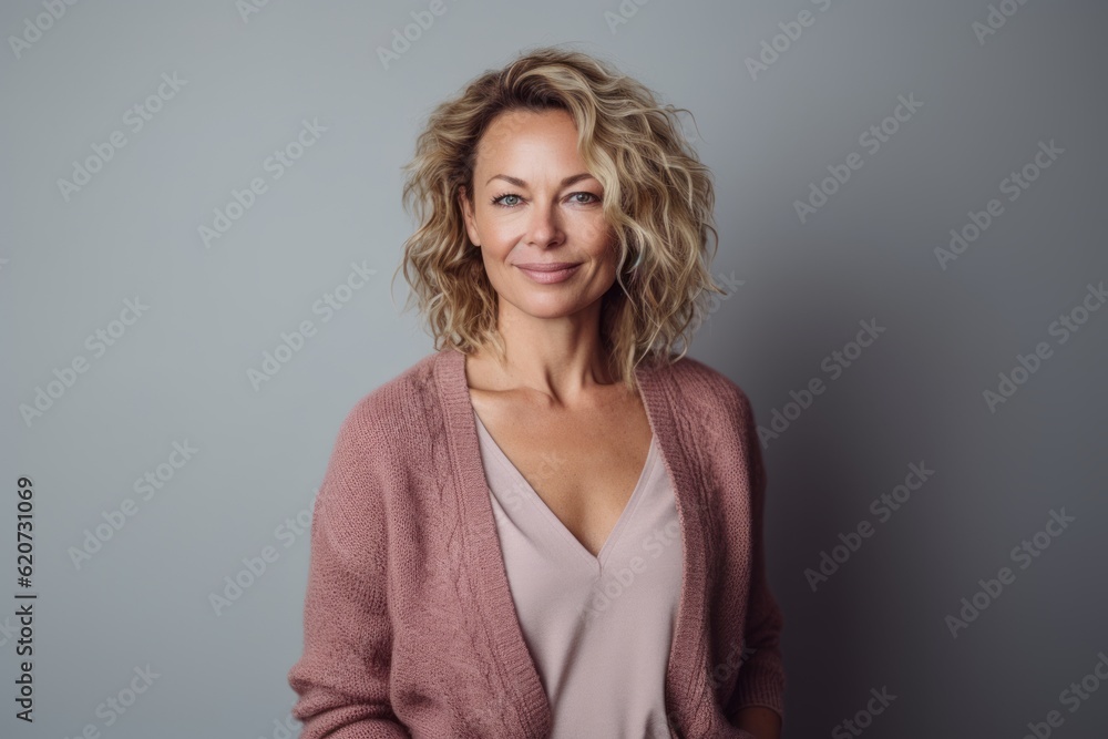 Fototapeta premium Portrait of a beautiful blonde woman with curly hair in a pink sweater on a gray background
