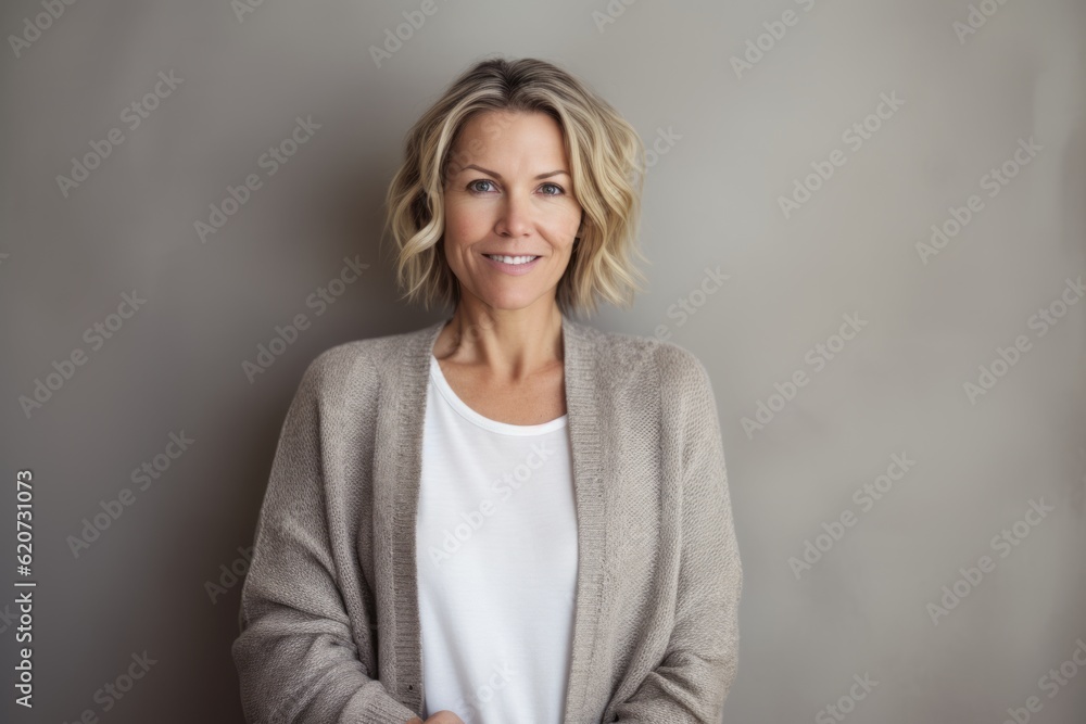 Portrait of beautiful middle aged woman with short blond hair, wearing casual clothes, looking at camera. Portrait of beautiful middle aged woman with short blond hair, wearing casual clothes, looking at camera.