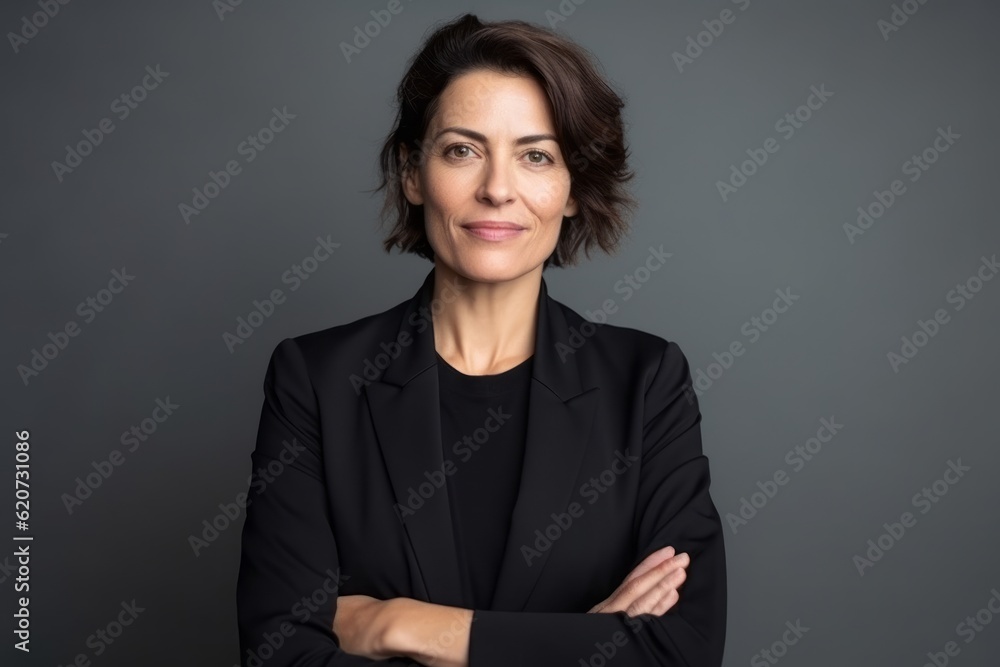 Portrait of a confident businesswoman standing with arms folded against grey background Portrait of a confident businesswoman standing with arms folded against grey background