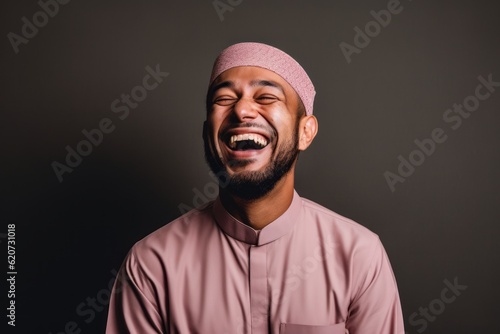 Portrait of a happy asian muslim man laughing against gray background