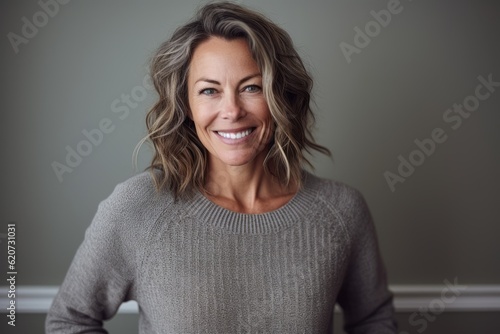 Portrait of smiling woman with arms crossed against grey wall at home