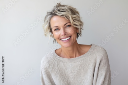 Portrait of smiling woman looking at camera against grey background in studio