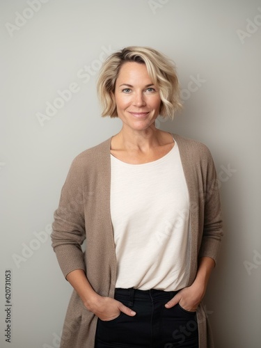 Obraz na płótnie Portrait of a beautiful middle aged woman with short blonde hair, wearing a brown sweater and black pants, smiling at the camera. w salonie