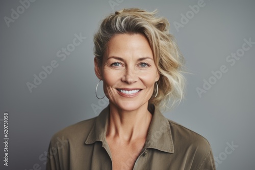Obraz na płótnie Portrait of a beautiful middle-aged woman with short wavy blond hair smiling at the camera w salonie