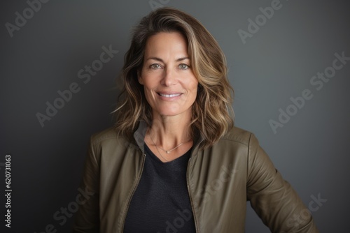 Portrait of beautiful middle aged woman smiling at the camera against grey background
