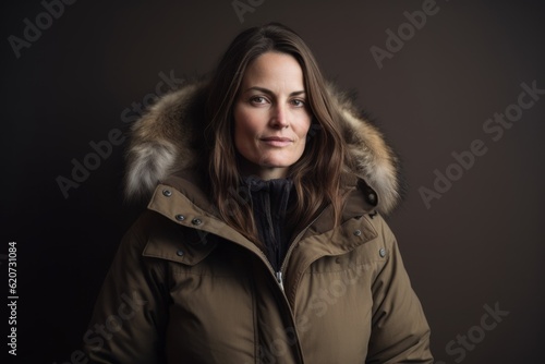 portrait of a beautiful woman in a winter jacket on a dark background