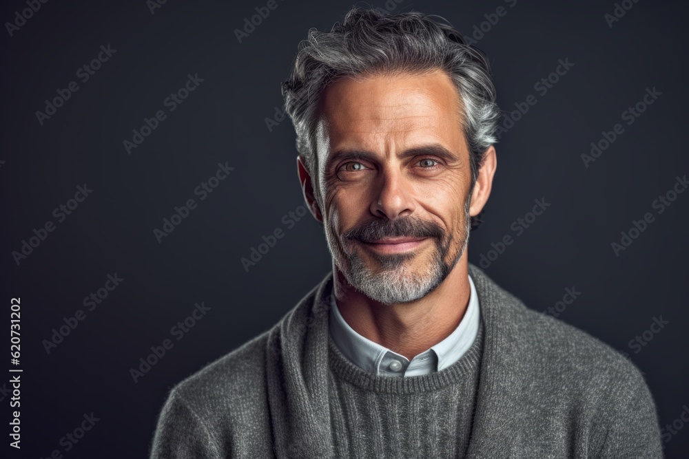 Handsome mature man looking at camera and smiling while standing against grey background Handsome mature man looking at camera and smiling while standing against grey background