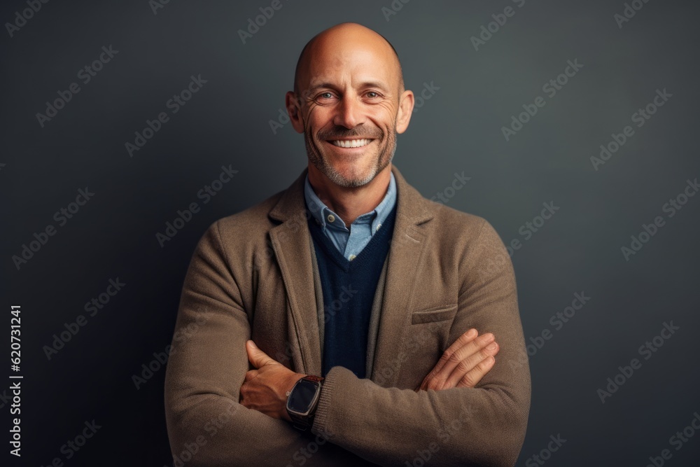 Portrait of a happy mature man with arms crossed against grey background Portrait of a happy mature man with arms crossed against grey background