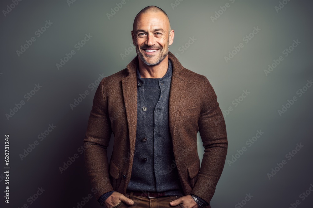 Fototapeta premium Portrait of a handsome mature man in a brown jacket. Studio shot.