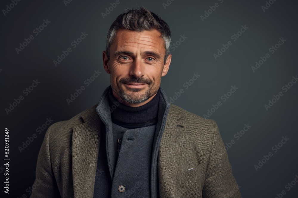 Obraz premium Portrait of handsome mature man in coat and scarf looking at camera isolated on grey background