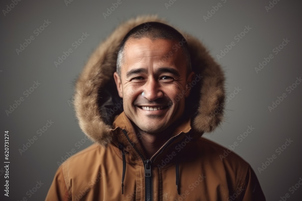 Portrait of a happy man in winter jacket on a gray background Portrait of a happy man in winter jacket on a gray background