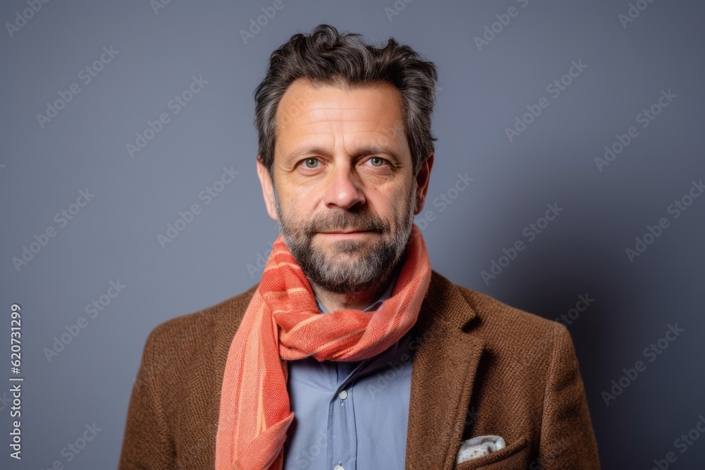 Portrait of a middle-aged man wearing a brown jacket and red scarf Portrait of a middle-aged man wearing a brown jacket and red scarf