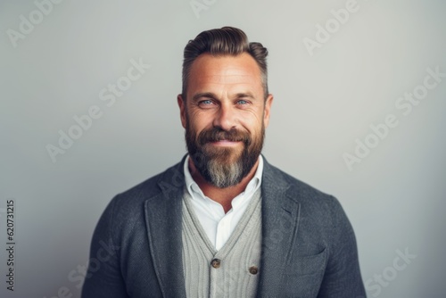 Portrait of a handsome mature man looking at camera while standing against grey background