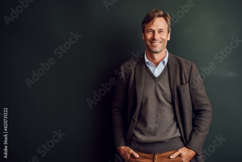 Portrait of handsome man in casual clothes standing against black chalkboard