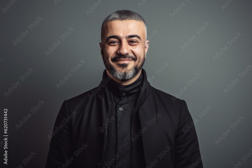 Portrait of a handsome man in a black jacket on a gray background