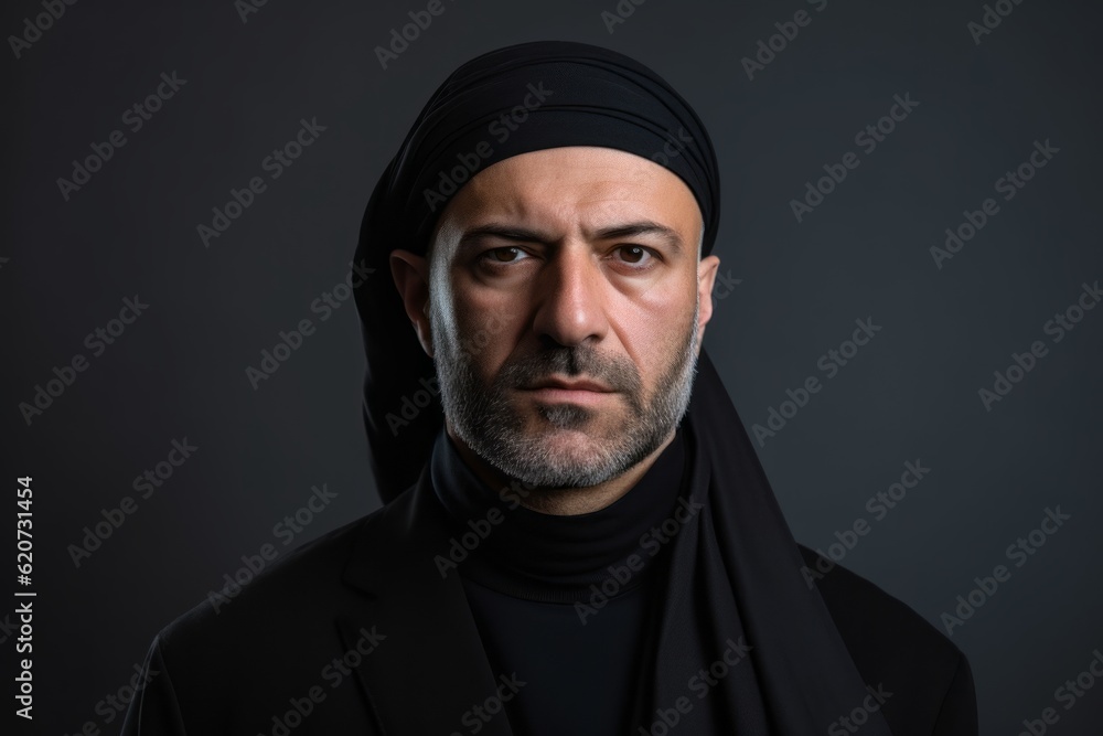 Portrait of a muslim man in a black hijab on a dark background Portrait of a muslim man in a black hijab on a dark background