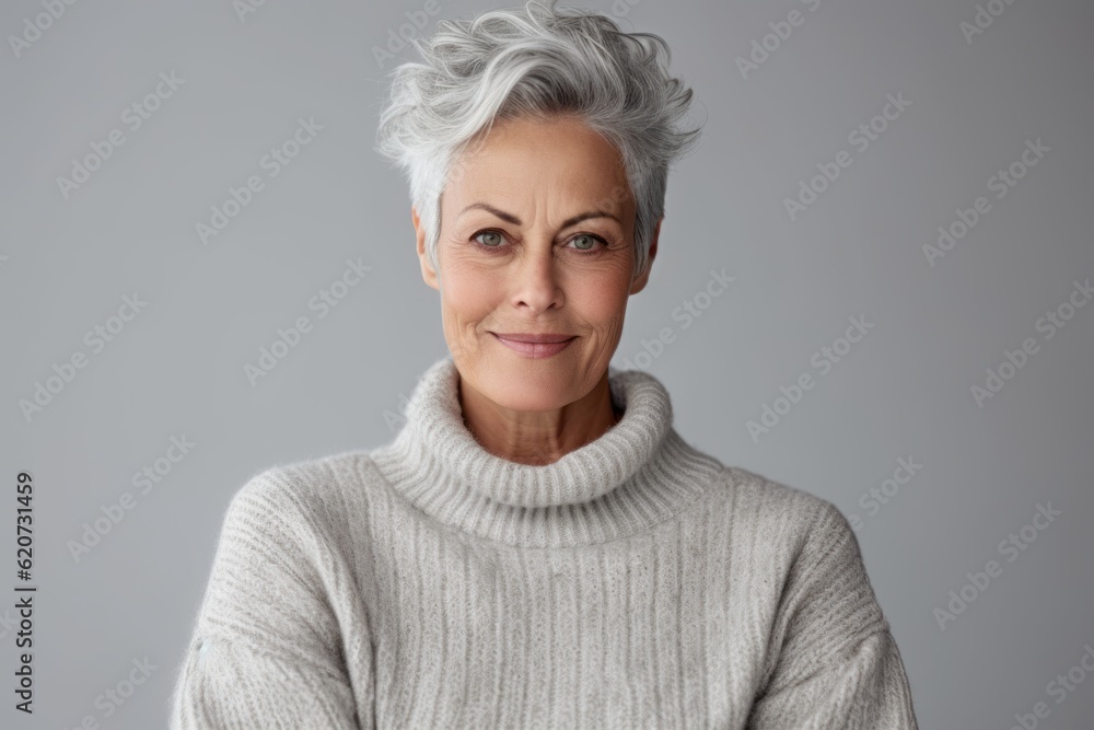 Group portrait photography of a pleased woman in her 50s wearing a cozy sweater against a minimalist or empty room background Group portrait photography of a pleased woman in her 50s wearing a cozy sweater against a minimalist or empty room background