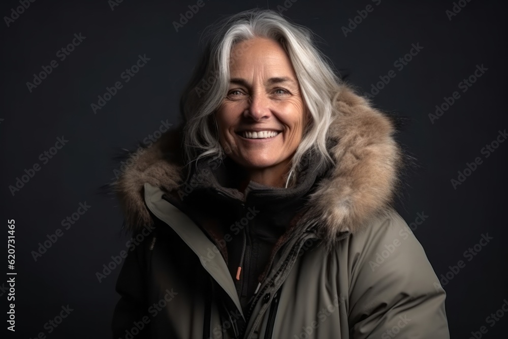 Portrait of a happy senior woman in winter jacket on black background Portrait of a happy senior woman in winter jacket on black background