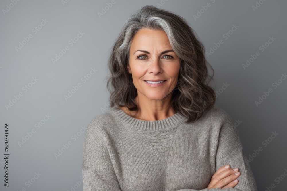 Portrait of a beautiful middle-aged woman in a gray sweater on a gray background Portrait of a beautiful middle-aged woman in a gray sweater on a gray background