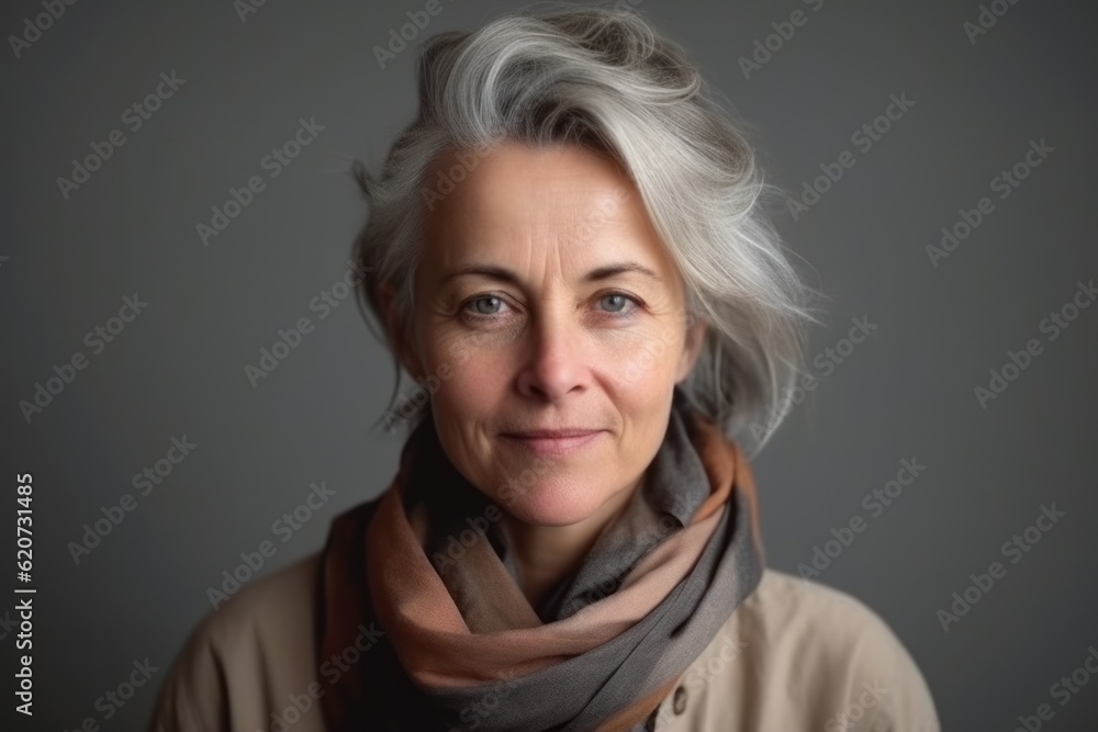Portrait of a middle-aged woman with gray hair and a gray scarf Portrait of a middle-aged woman with gray hair and a gray scarf