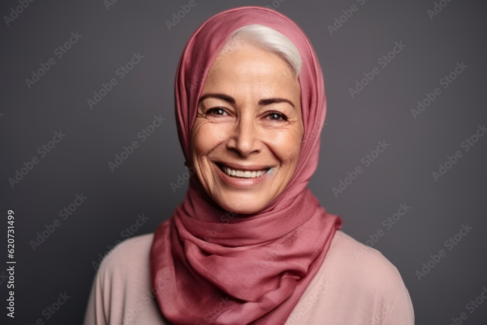 Portrait of smiling middle aged muslim woman in hijab looking at camera
