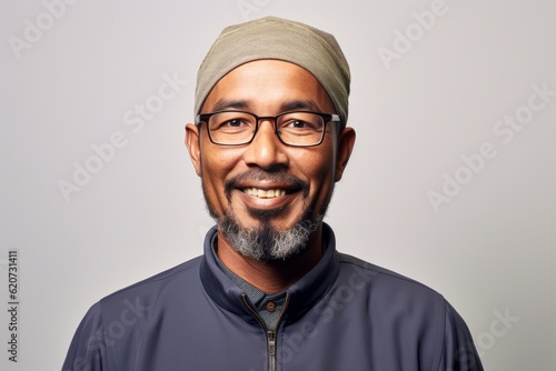 Portrait of a smiling Indian man wearing a head scarf and glasses