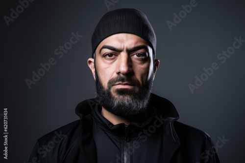 Portrait of a bearded man in a black jacket on a dark background